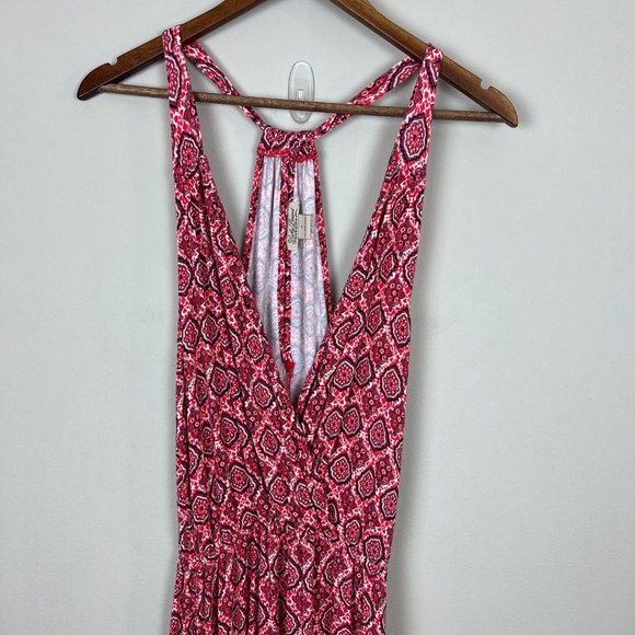 Lucky Brand Maxi Dress Small Red Geometric Boho V-Neck Side Slit Sleeveless - Picture 2 of 12